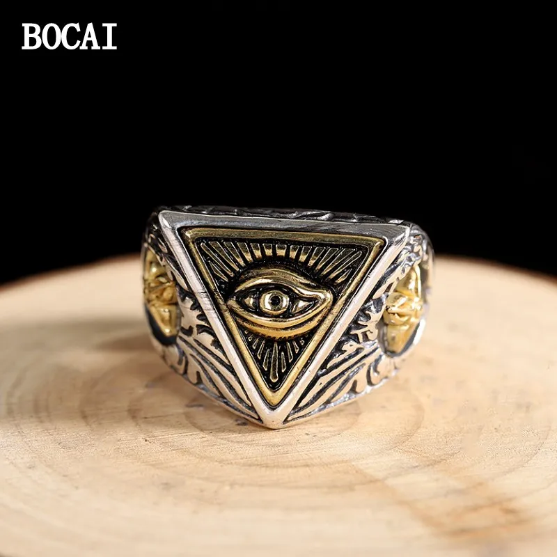 BOCAI New S925 Sterling Silver Creative Smooth Eye Of Providence Ring Adjustable Opening Men And Women.