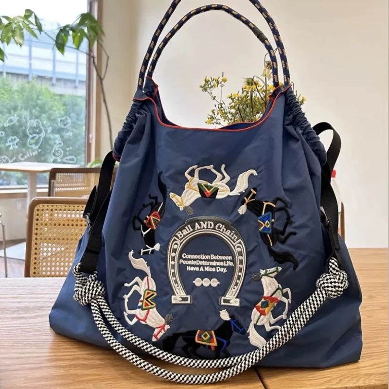 Shoulder Ball Chain Embroidery Handbag Knit Large Capacity Crossbody Single Leisure Bag Student Nylon Canvas Commuting Shopping