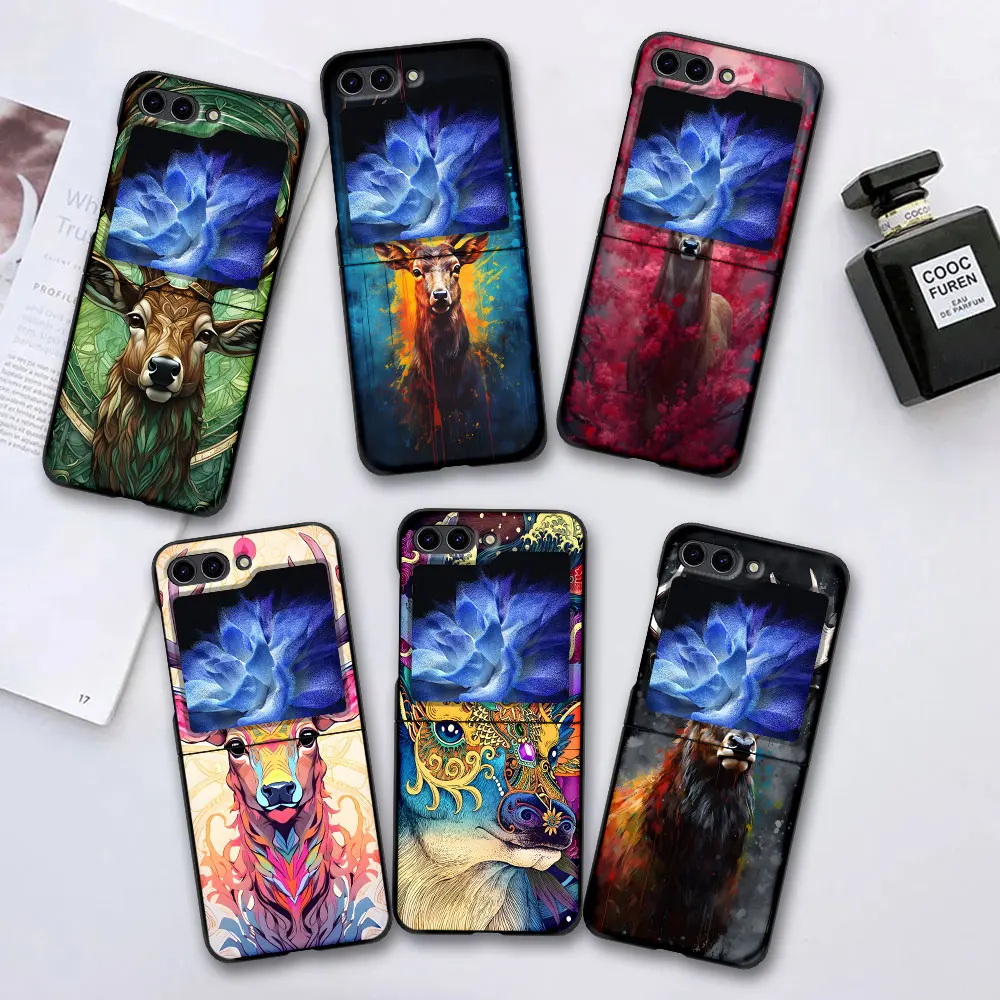 Animal Deer Lion Art Case for Samsung Galaxy Z Flip 6 5 Black Hard Cover Flip6 Flip5 Mobile Phone Shell Zflip6 Zflip5 Funda Capa