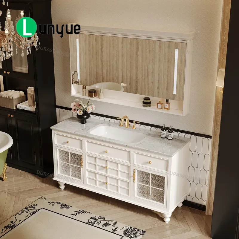 French Retro Bathroom Vanity Cabinet with Natural Marble Seamless Ceramic Basin and Rock Slab Washstand for Modern Home Decor