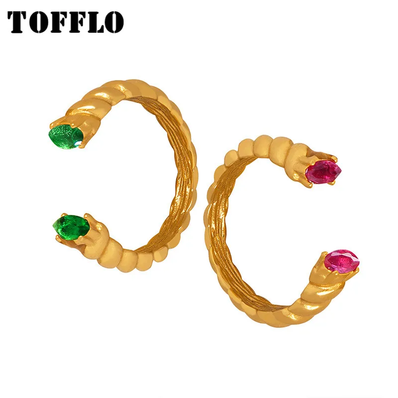 TOFFLO Stainless Steel Jewelry Contrast Rose Green Trinitite With Metal Ring Circle Thread Shape Finger Ring BSA500