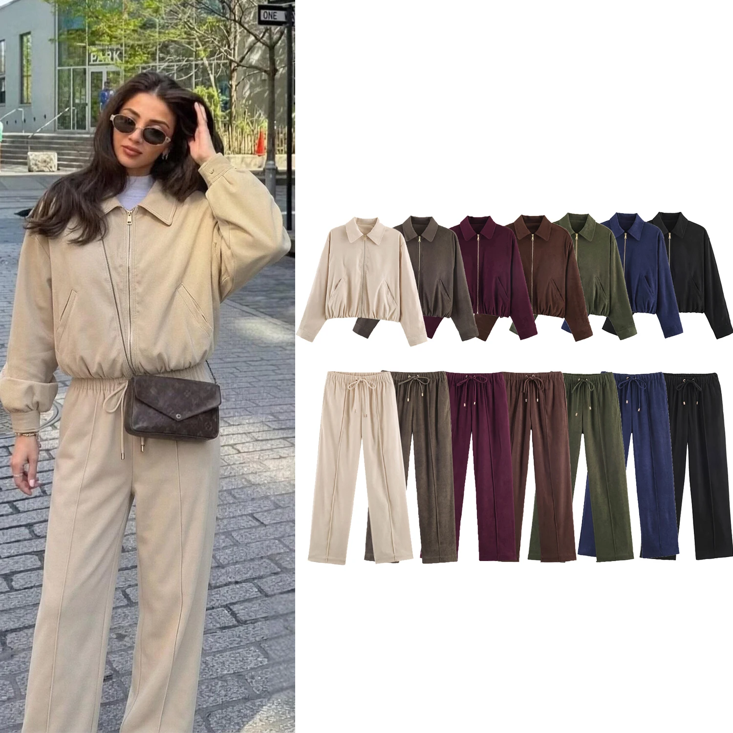 Women Casual Pants Set Spring Autumn Female Elegant High Street Loose Lapel Zipper Jacket And Drawstring Trousers Female Suit