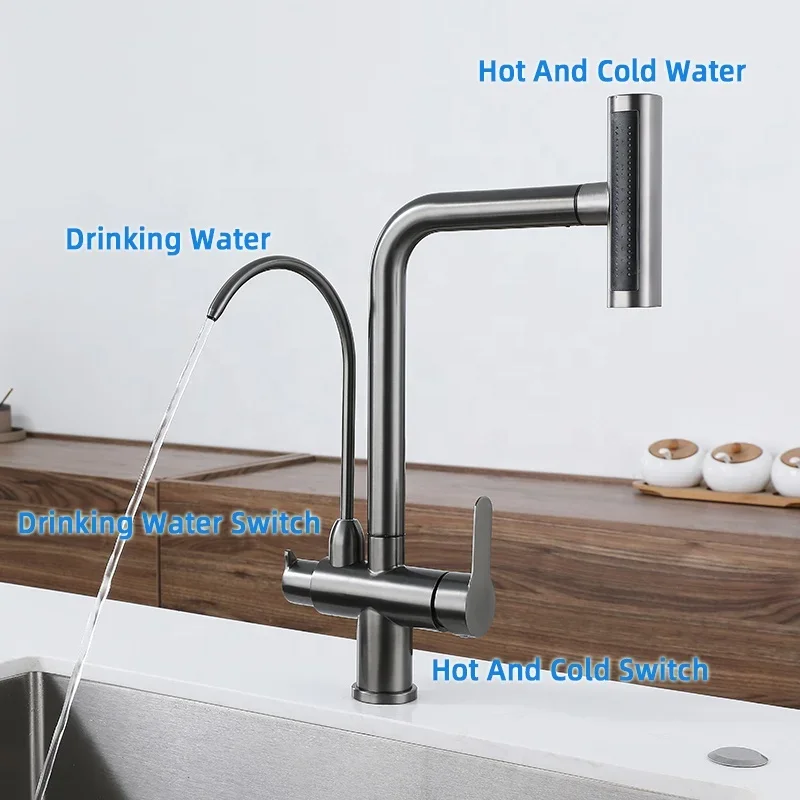 popular 304 stainless steel kitchen faucet with drinking water tap Dual Handle hot cold 4 mode pull out kitchen sink Faucets