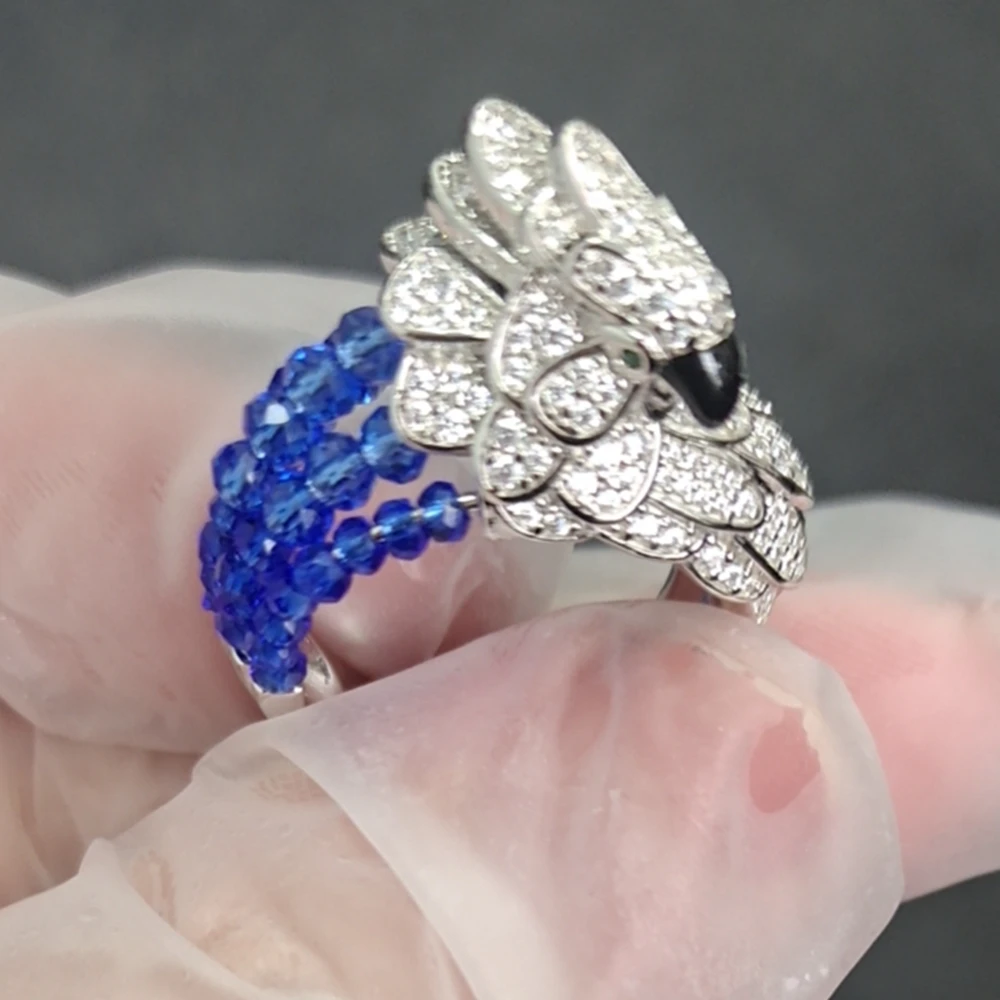 Women 925 Sterling Silver Bird Shaped Ring With Lab Sapphire Blue Beads Zircon High Carbon Diamond Stone Fine Jewelry