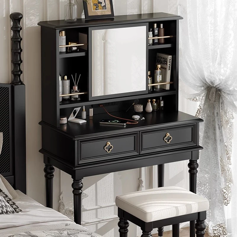 

Bedroom Organizer Vanity Table Makeup Black Cosmetics Vintage Dressing Table Mirror Chair Mesa De Maquillaje Trendy Furniture