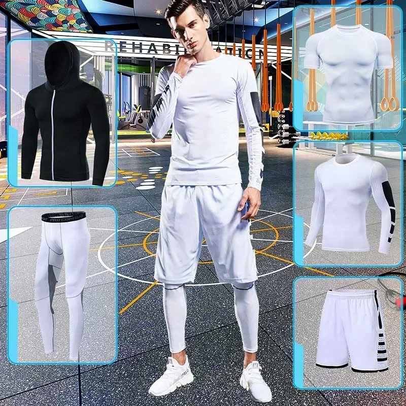 Men\'s Running Tracksuit Training Fitness Sportswear Set Compression Leggings Sport Clothes Gym Tight Sweatpants Rash Guard Lycra