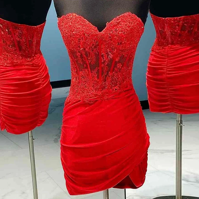 Red lace short cocktail party strapless dress sexy transparent slim girl birthday party ball hip dress