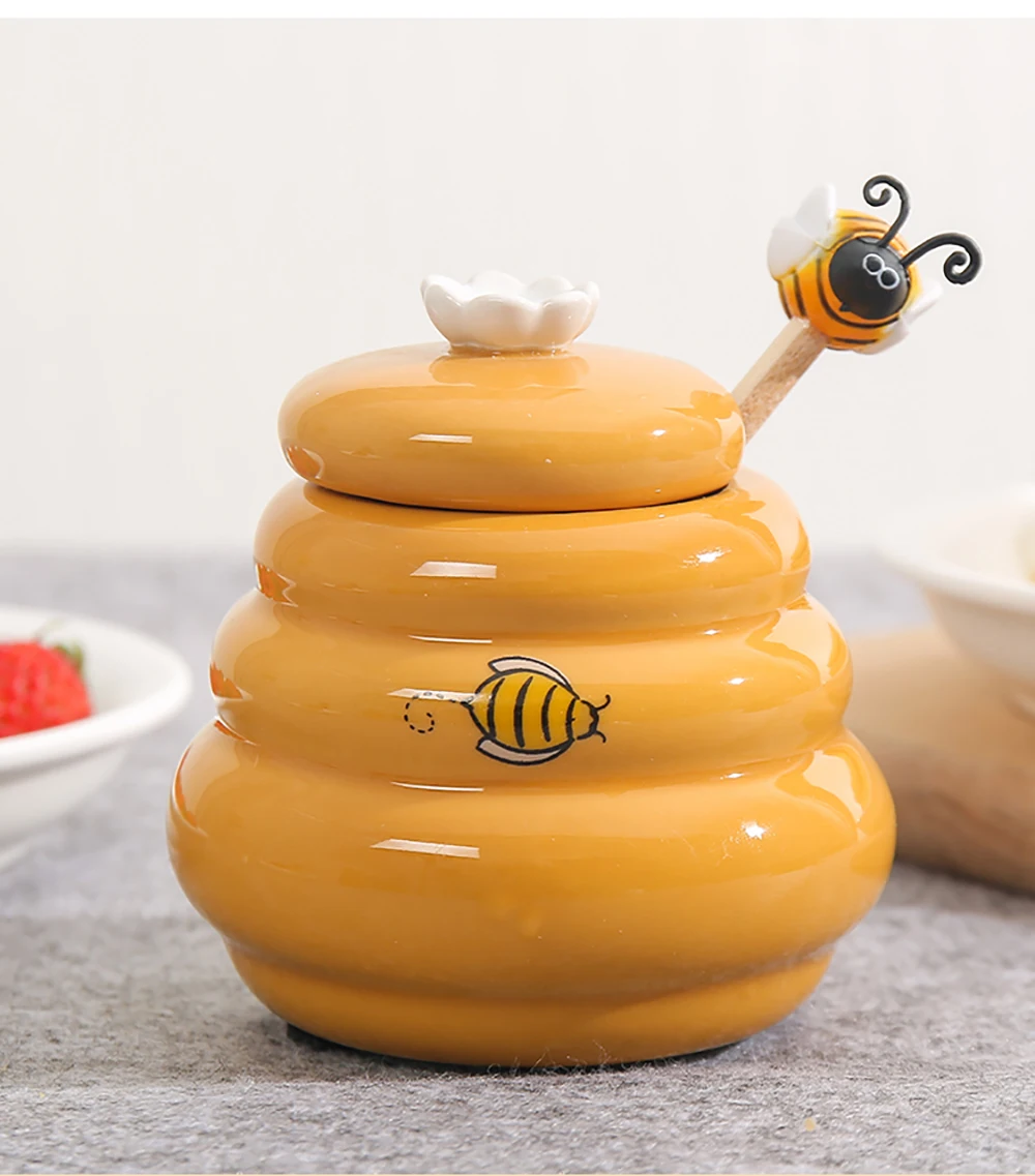 Honey Pot Ceramic Beehive And Wooden Dipper Honey Jar With Lid Honey Stir Bar For Honey Jar Supplies Kitchen Accessories