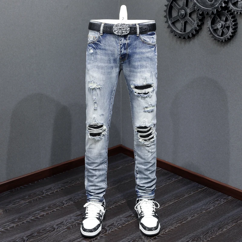 

Designer High Street Fashion New Men's Jeans High Elasticity Slim Fit Perforated Patch Light Blue Jeans Hip Hop Brand Pants Homb