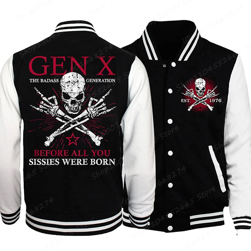 Popular Gen X Est 1965-1980 Graphic Baseball Jacket Men Women Funny Skulls Generation X Button Baseball Unisex Sportswear Coats