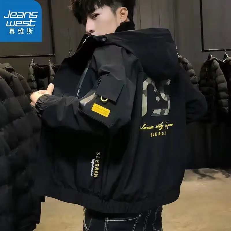 Jeanswest 2023 Multi-styler All-match Men's Coat Spring and Autumn Tooling Fashion Trend All Lapel Jacket Hooded Casual Coat