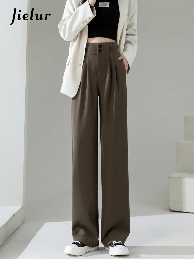 Jielur High Waist Wide Leg Pants for Women New Loose Straight Coffee Trousers Autumn Double Buttons Casual Suit Pants Female