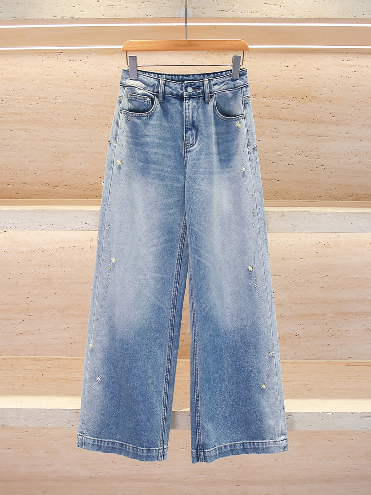 

High Waist Wide Leg Denim Jeans Women's Spring Summer Washed Floral Embellished Casual Style Zipper Fly Standard Fit Blue