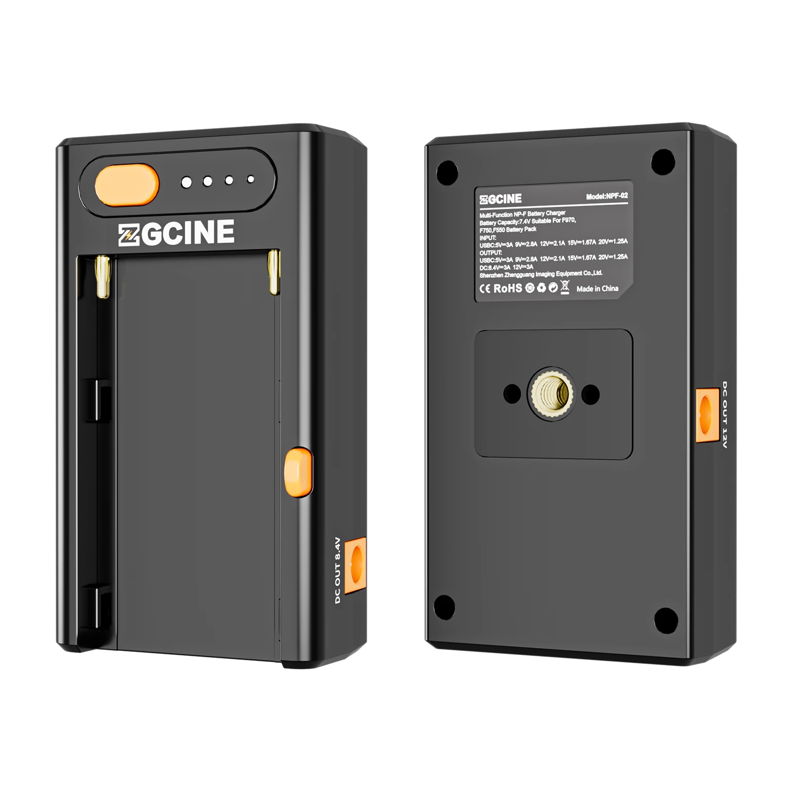 ZGCINE NPF-02 NP-F Series Battery Charger Battery Adapter Plate with Type-C Bi-directional PD Charging Port DC12V DC8.4V DC Outp
