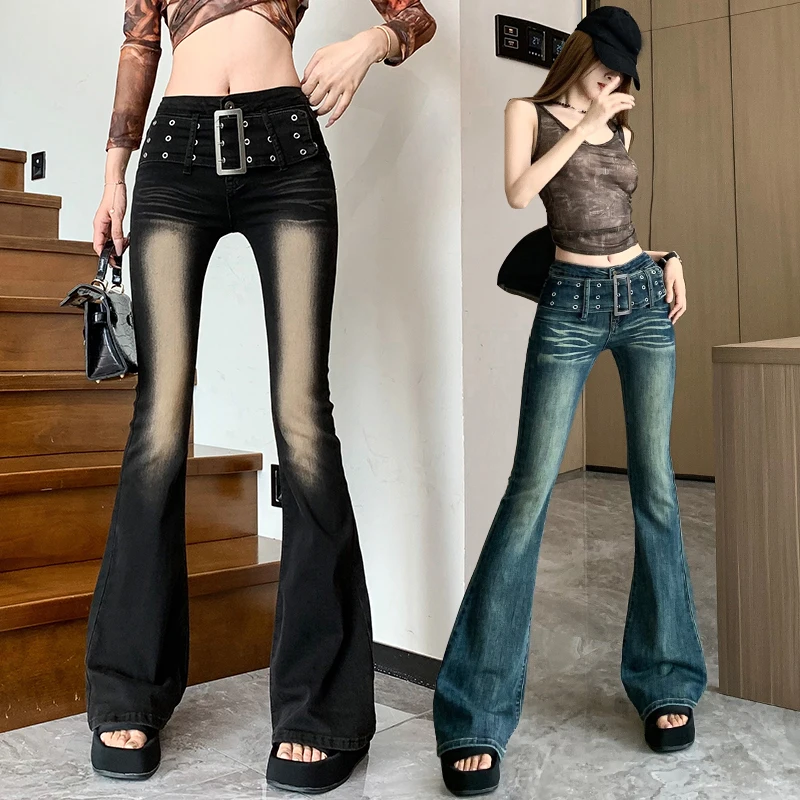 American Retro 2000s Y2K Jeans Mujer Streetwear Wide Belt Low Waist Flare Jeans Pants Loose Straight Wide Leg Harajuku Trousers