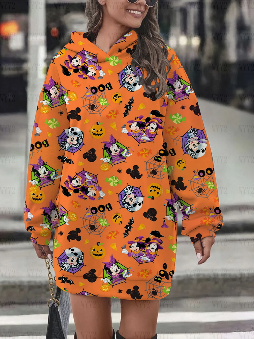 Disney Mickey Minnie print women\'s fashion autumn and winter sweater dress Christmas series hoodie long sleeve hooded dress