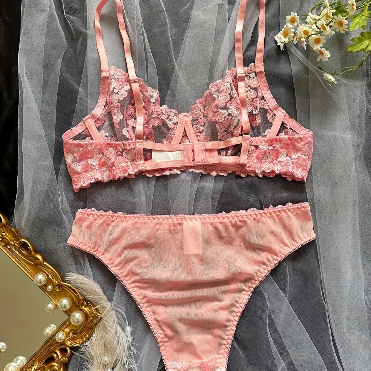 2Pcs Womens Sexy Push Up Bra Panties Lingerie Pink Floral Embroidery Underwear Set Transparent Briefs Short Low-waist Kits Sweet