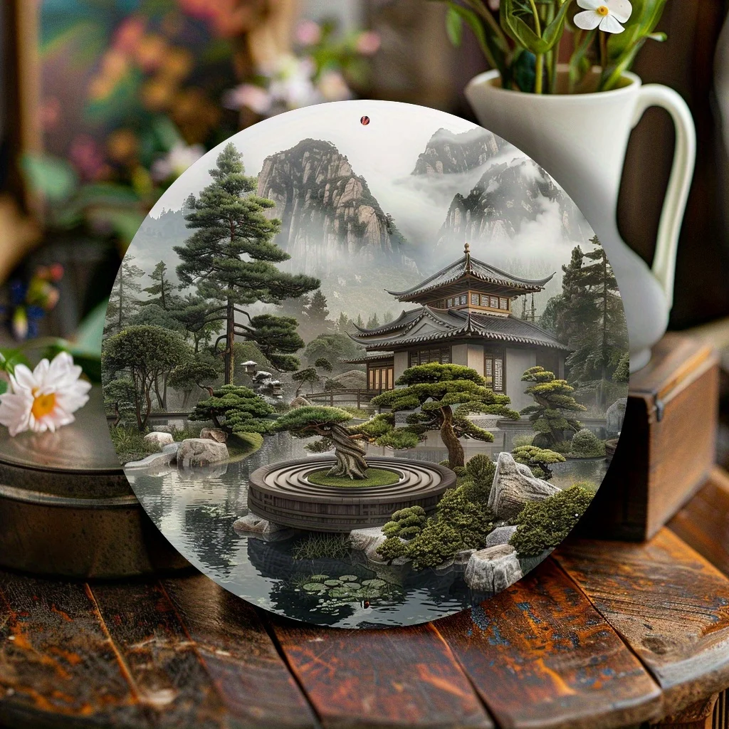 Vintage Oriental Bonsai Mountain Zen Garden Round Aluminum Metal Sign 20x20cm 2D Flat Tea Room Patio Wall Decor Gift