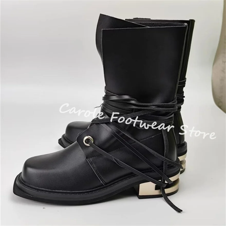 

Black High Top Metal Chunky Heel Boots for Men Retro Y2k Mixed Color Rope Lace-up Motorcycle Boots Male Outside Short Boots