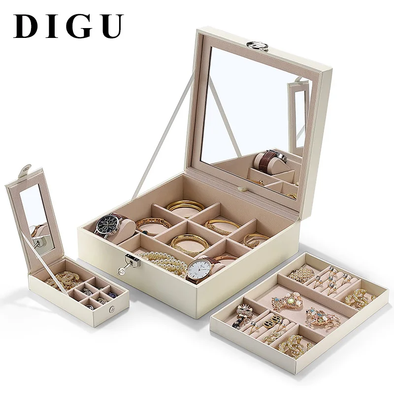 High grade lockable jewelry storage box exquisite leather jewelry box large capacity Ring Necklace Earring Box