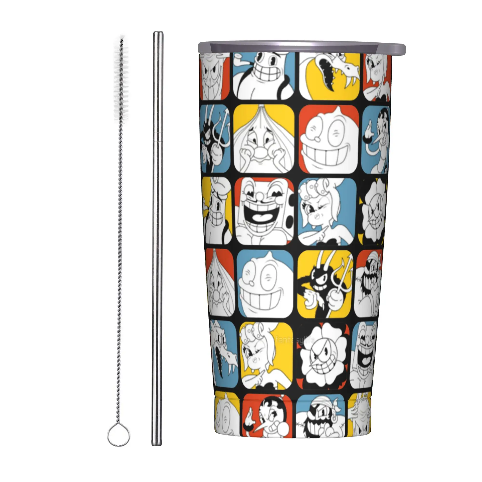 The Cuphead Collage Insulated Tumbler with Lid Game Anime Vacuum Thermal Mug Office Home Hot Cold Drinks Cup, 20oz