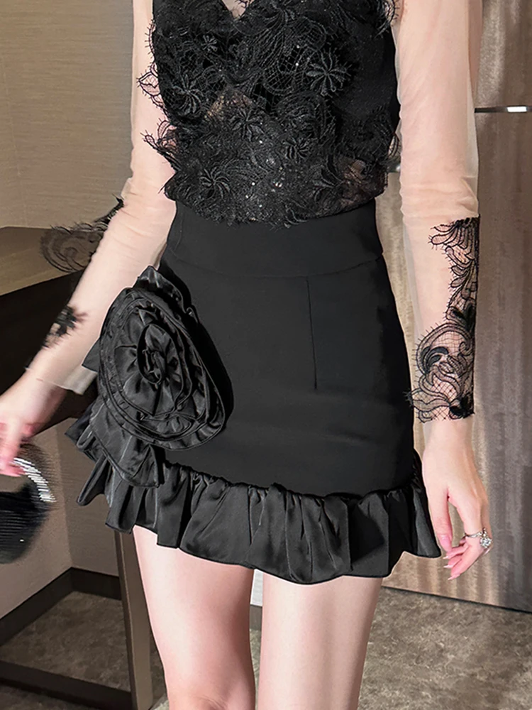 レディース服 エレガント ブラック ラッフル Aライン ショートスカート 女性 カジュアル スイート 花柄 セクシー ハイウエスト ラップ ヒップ ミニスカート ファッション 新作