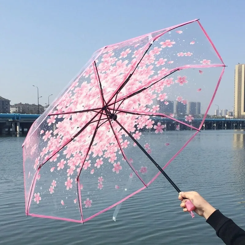 Korean Umbrella Folding Cute Korean Mini Fresh Simple Sen Series Trifold Cherry Blossom Transparent Japanese Umbrella