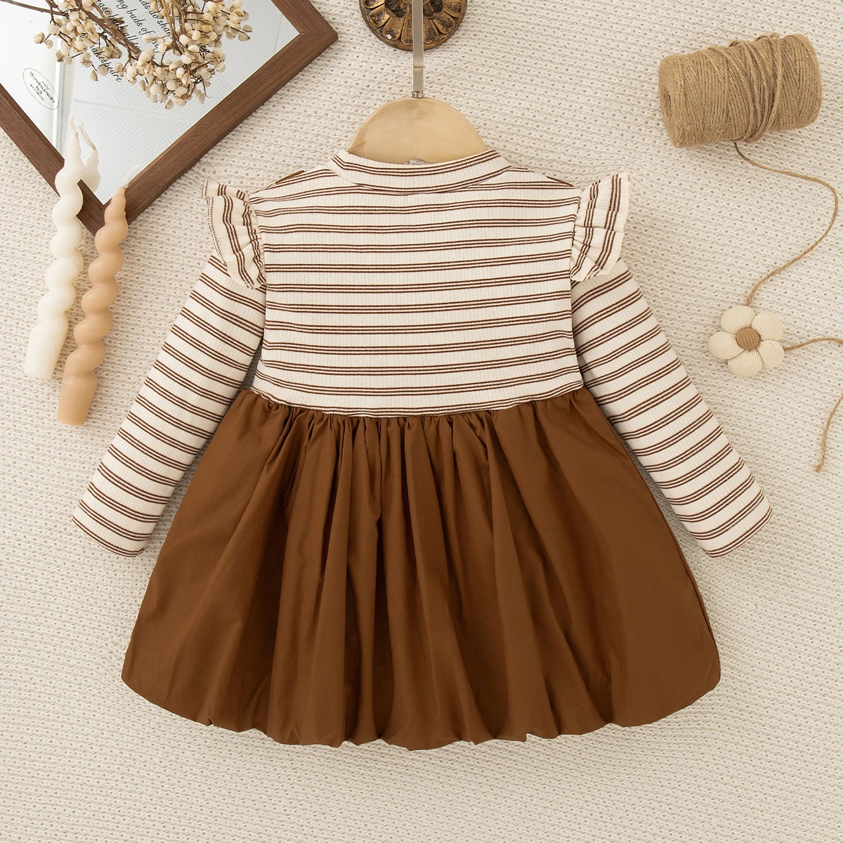 Autumn New Brown Striped Long Sleeved Baby Girl Dress Cute Decoration Children'S Clothing (6-24 Months)