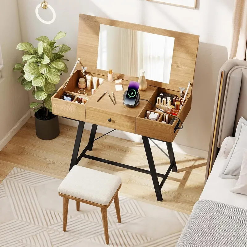 Makeup Vanity Desk with Flip Top Mirror 2 in 1 Vanity Table with Charging Station Drawer Hidden Compartments Modern Dressing