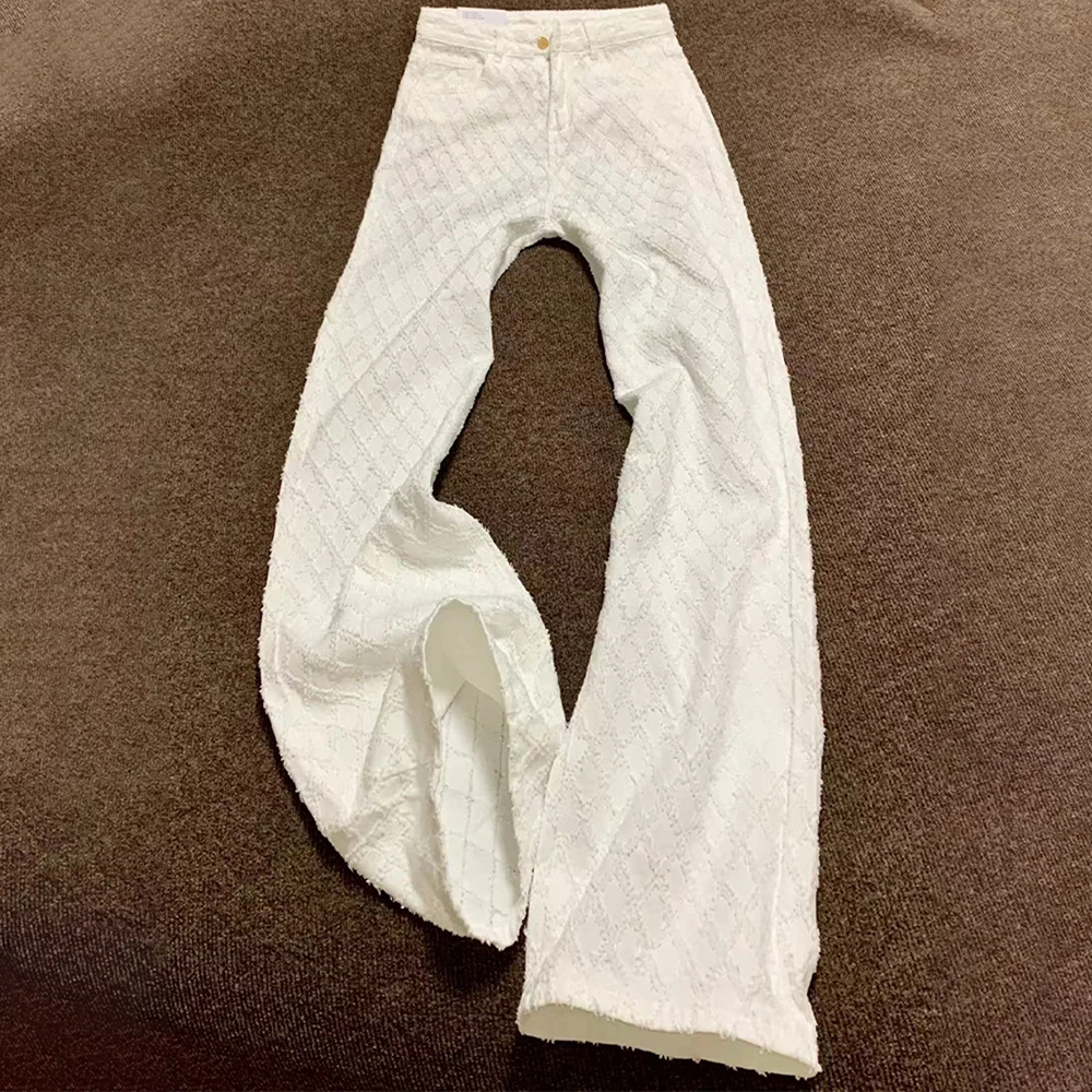 

2025 женские шикарные жаккардовые джинсовые брюки в клетку, корейские модные белые прямые джинсы с высокой талией, темпераментные универсальные длинные брюки
