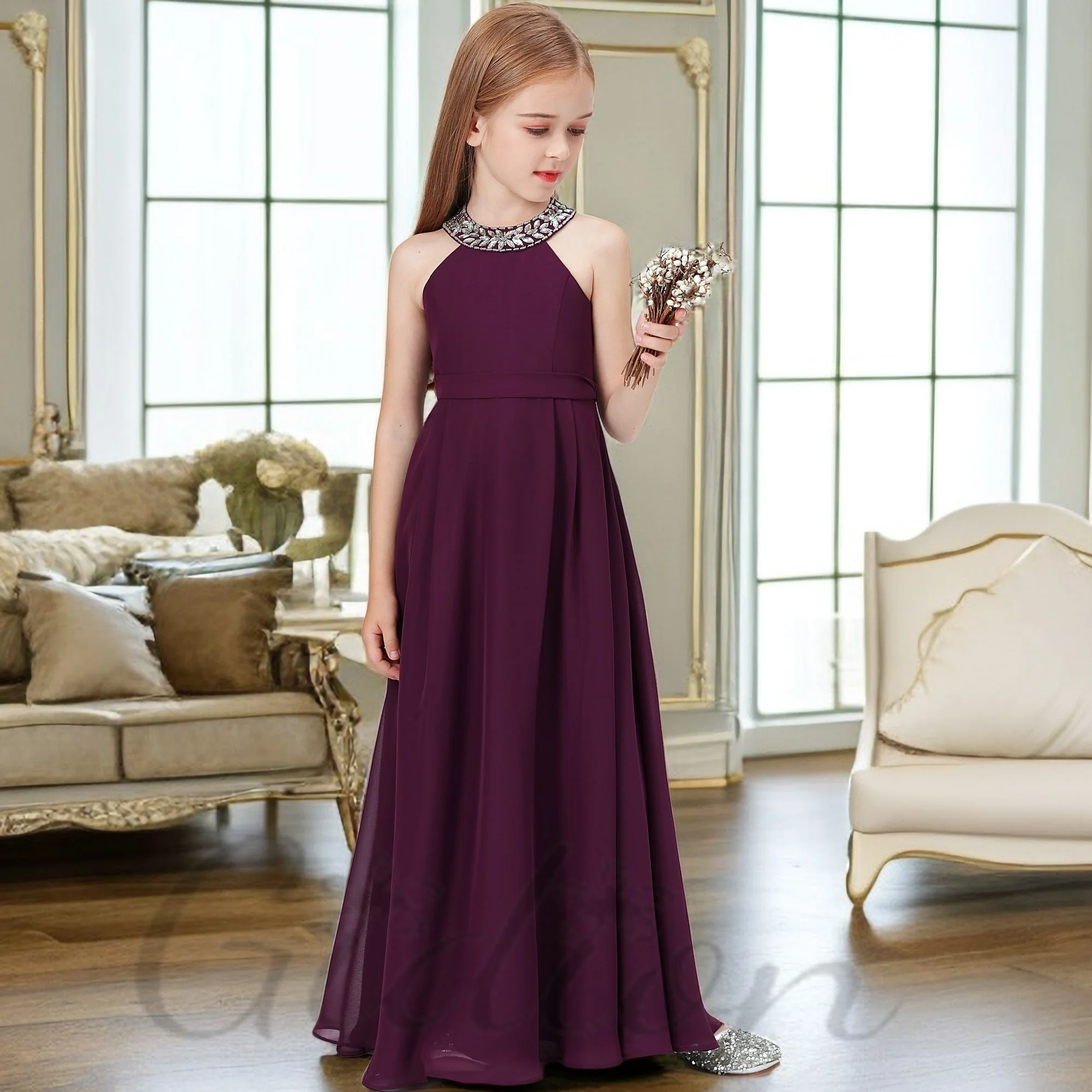 Robe de Demoiselle d'Honneur en Mousseline de Soie, Longueur au Sol, Ligne A, pour Enfant, Soirée, Anniversaire, Cérémonie, Bal, Concours, Bal