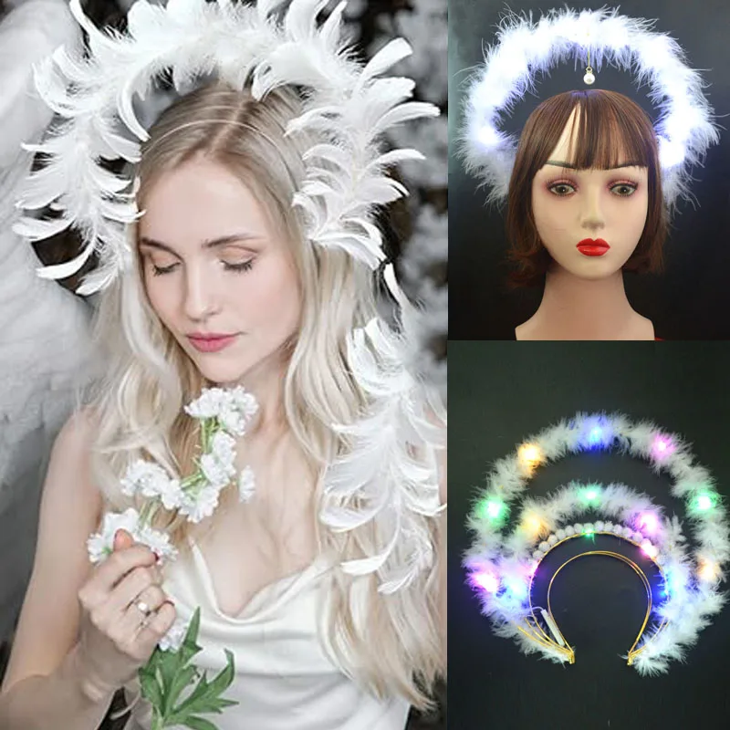 

Goddess Halo Tiaras Crown Headband Flower Pearl Feather Wedding Hair Headpiece for Women Girls Cosplay Costume