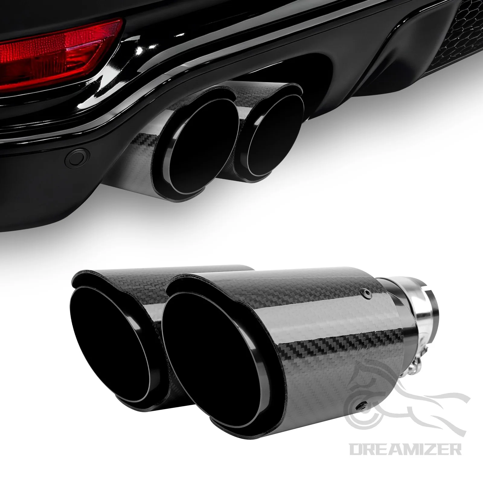 

Inlet 2.5" to Dual 4" Outlet Glossy Carbon Fiber Exhaust Tip Stainless SteelTips Y Pipe Tailp For Ford F-150 F150