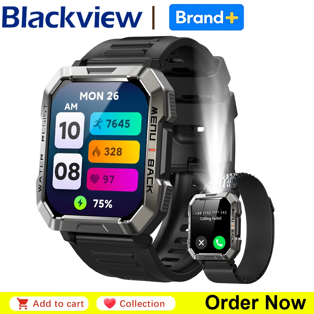 Montre connectée d'extérieur Blackview W60 2.01'' HD avec lampe torche LED, batterie 900mAh, étanche IP67, appels Bluetooth, suivi d'activité pour hommes
