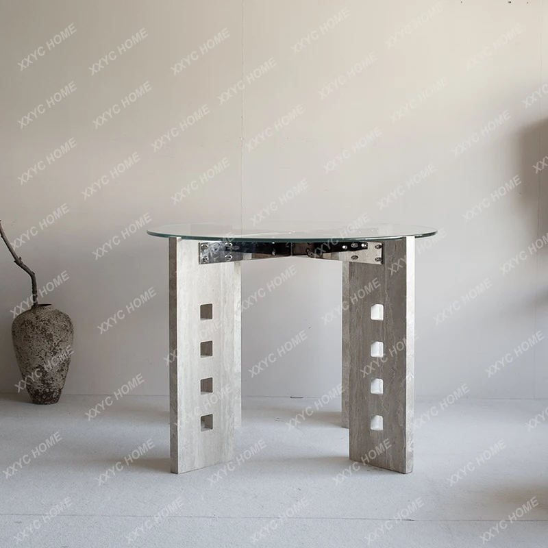 X-S Original design restaurant household natural travertine dining table 1.2 meters round glass HG