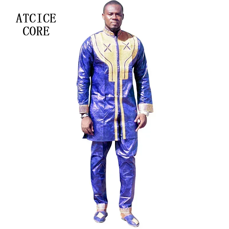 African Traditional Man Suit Bazin Riche Embroidery Design Dress One Top One Pants Without Shoes