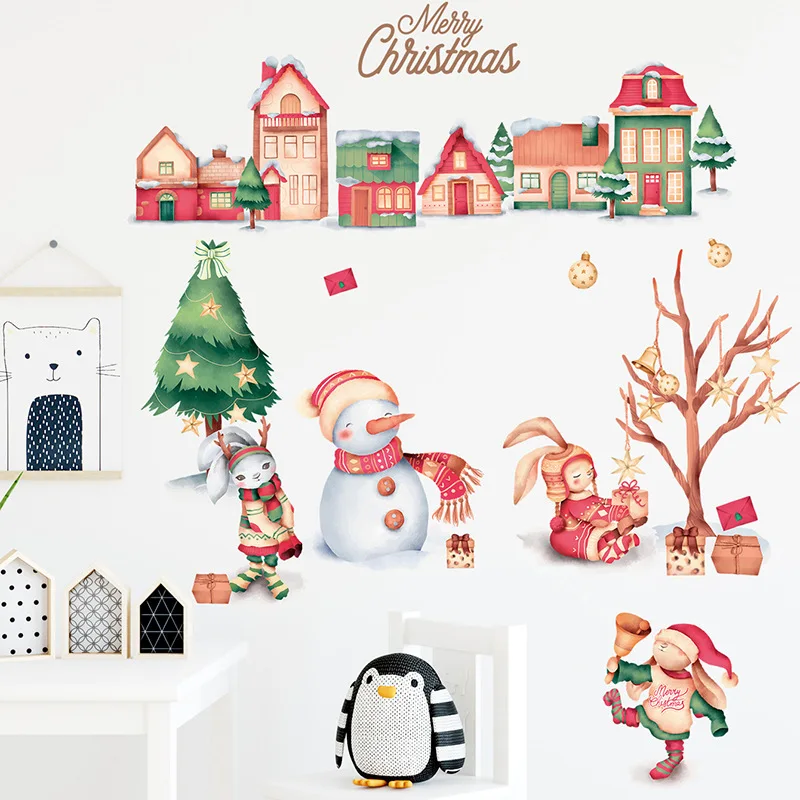 Merry Christmas Cartoon Town Winter House Snow Man Wall Stickers Cute Xmas Bunny Decals for Living Room Kids Room Nursery Decor