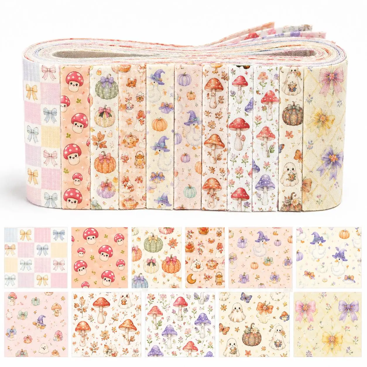 10pcs Mushroom Duck Jelly Roll Fabric Strips 2.5X19.7inch Pre-Cut Polyester For Patchwork Quilts, Table Runners, Placemats