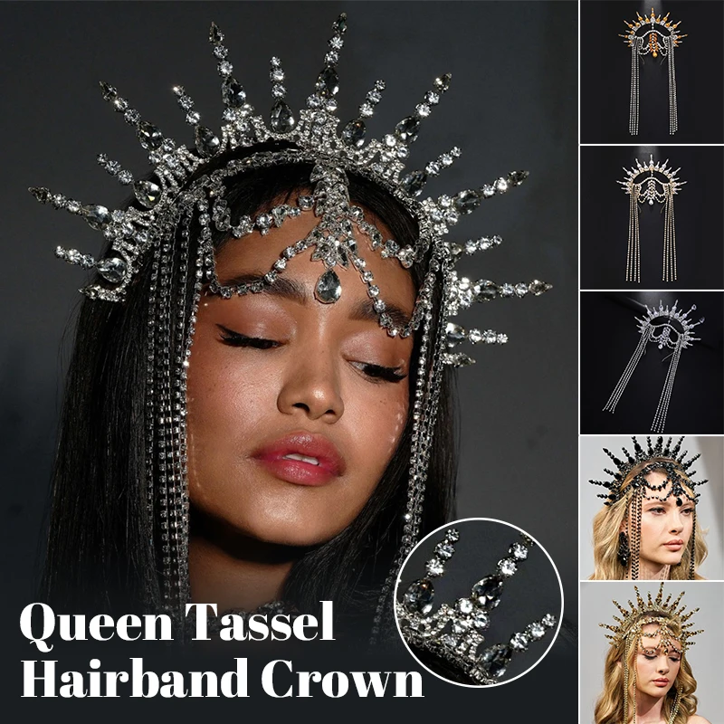 

Women Ethnic Exaggerated Rhinestone Hair Chain Personality Queen Tiara Tassel Crown Headpiece Party Performance Head Accessories
