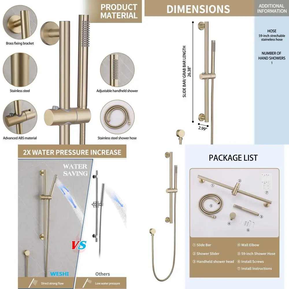 

Adjustable Height Slide Bar Shower Combo with High-Pressure Handheld, 26.38 Bar, 59 Hose, Brass Elbow, Brushed Gold