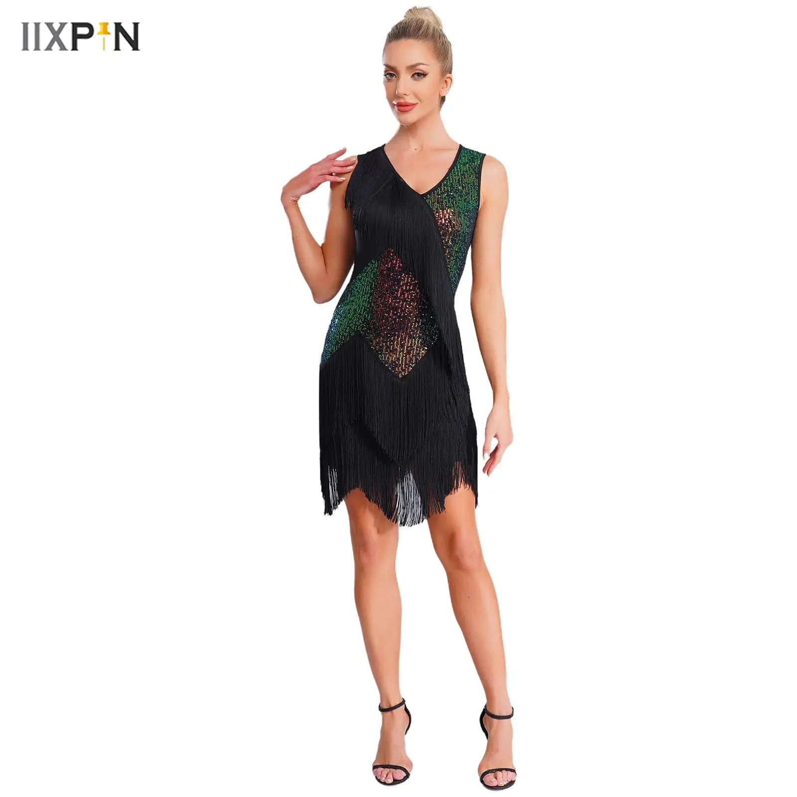 

Womens Latin Salsa Dance Dress Glittery Sequin Tiered Tassel V Neck Sleeveless Fringe Bodycon Dress for Chacha Tango Ballroom