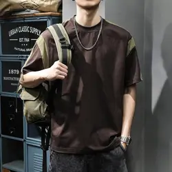 Vintage Contrast Loose T Shirts Summer New Short Sleeve Solid Patchwork Plus Size Youth Tops Tees Casual Fashion Men Clothing