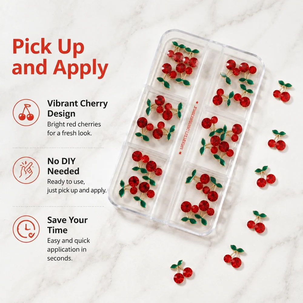 24Pcs Kawaii Fruit Nail Charms Vivid Cherry Rhinestone Metal Leaf Ornaments Clear Storage Box DIY Handmade Nail Art Supplies