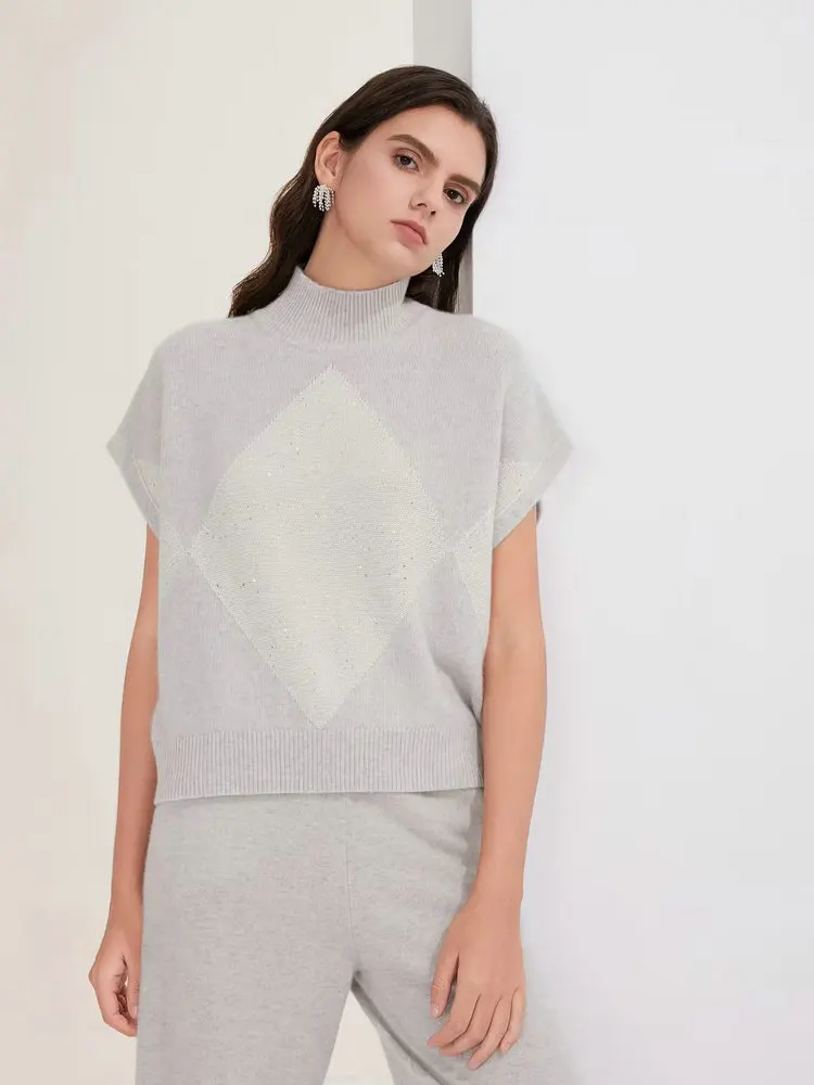 

Женский осенне-зимний новый пуловер с полувысоким воротником, кашемировый свитер с короткими рукавами, расшитый блестками, свободный универсальный топ