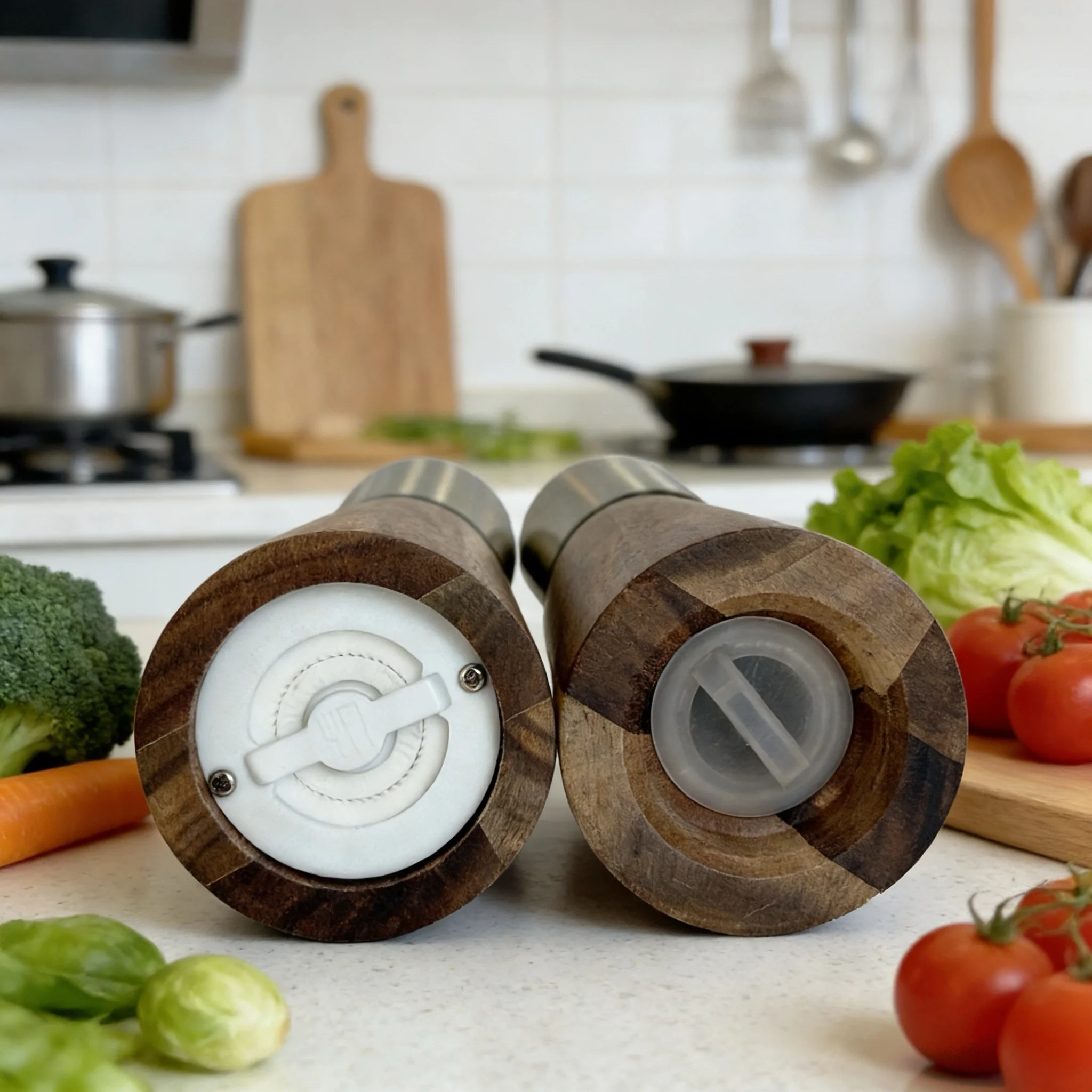 Refillable Eco-Friendly Food Safety Grade Salt Pepper Grinder Set Made Solid Acacia Wood Stainless Steel Grinding Core Rotary