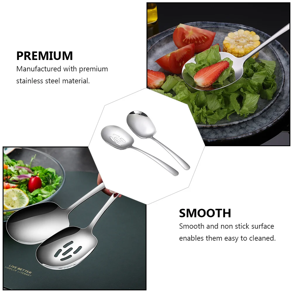 

2pcs 304 Serving Spoons Stainless Steel Long Handle Kitchen Utensils Practical Slotted Spoon For Rice Soup Salad Cooking