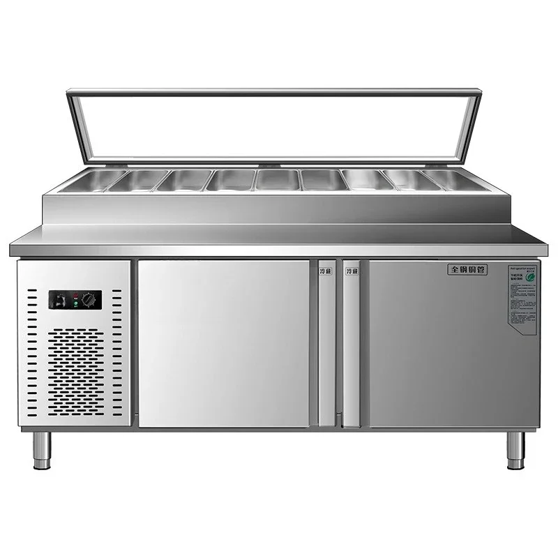 

Коммерческий холодильный стол для разбрасывания пиццы, витрина, холодильник с воздушным охлаждением, с прорезями, синий свет, салат, фрукты