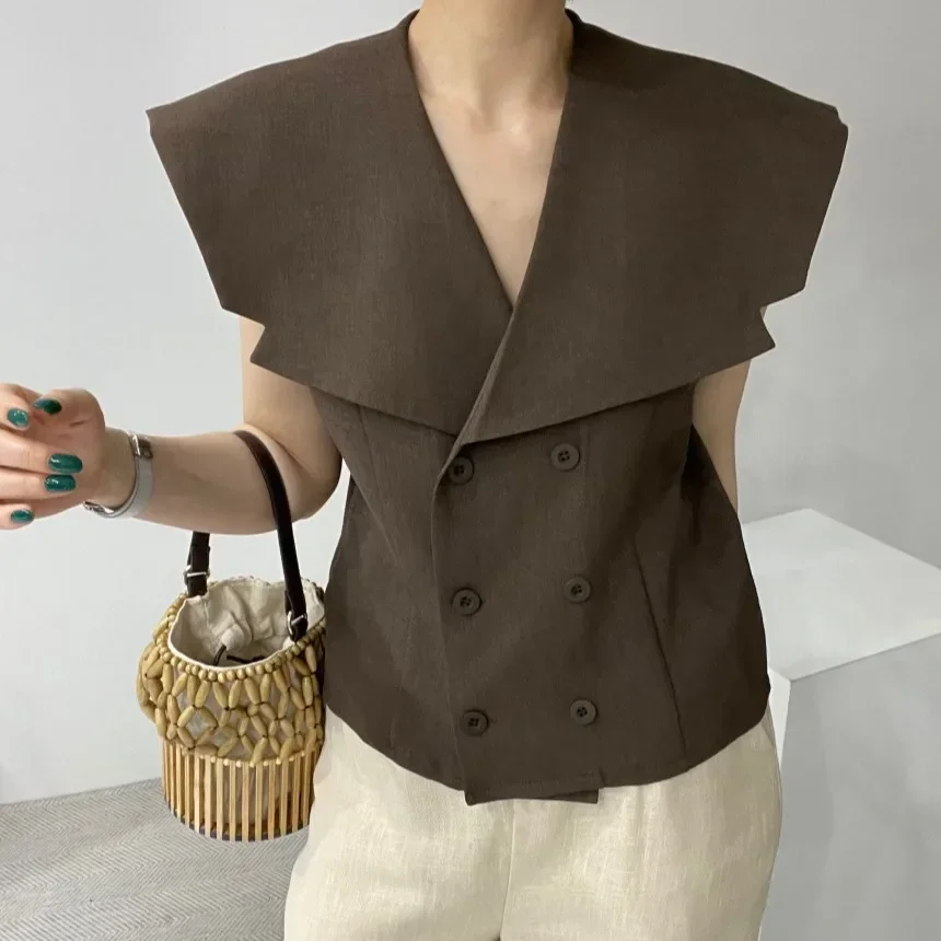 

Korean Chic Summer New Style French Retro Big Collar Double Breasted Slim Fit Versatile Sleeveless Cardigan Vest Top for Women