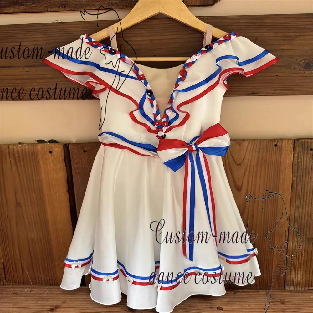 

The Paris Flame Girl Variation Ballet Costume features a classic red, white, and blue long flowing tulle skirt, with headpiece