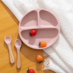 3PCS Silicone Baby Tableware Wooden Handle Fork Spoon Suction Feeding Dishes Baby Meal Tray Feeding Training Sets For Children